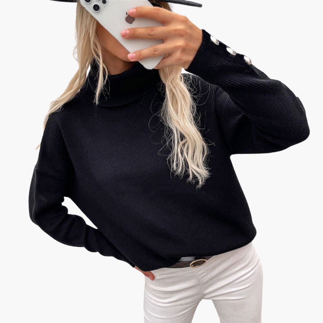 Women's ribbed knit turtleneck sweater with decorative button cuffs, cozy everyday style