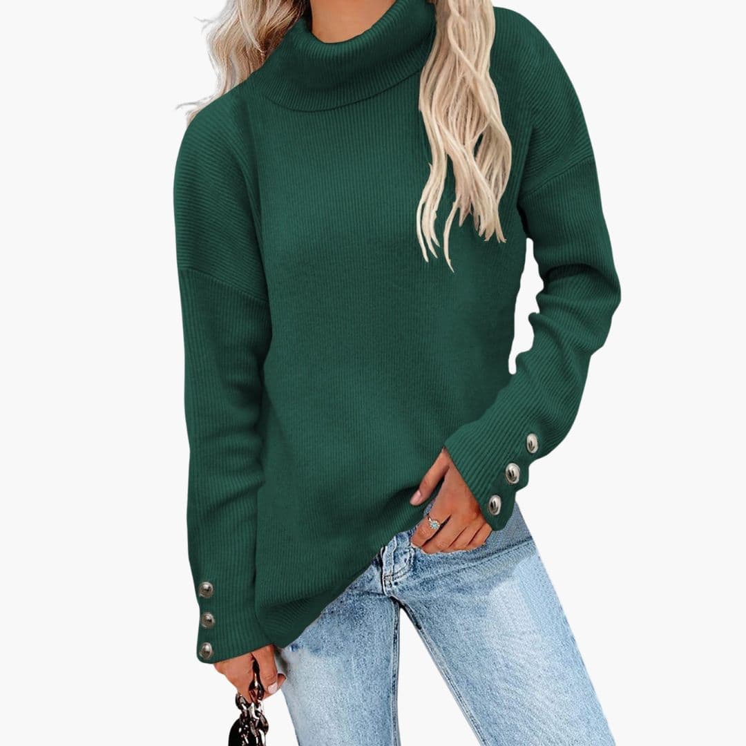 Women's ribbed knit turtleneck sweater with decorative button cuffs, cozy everyday style