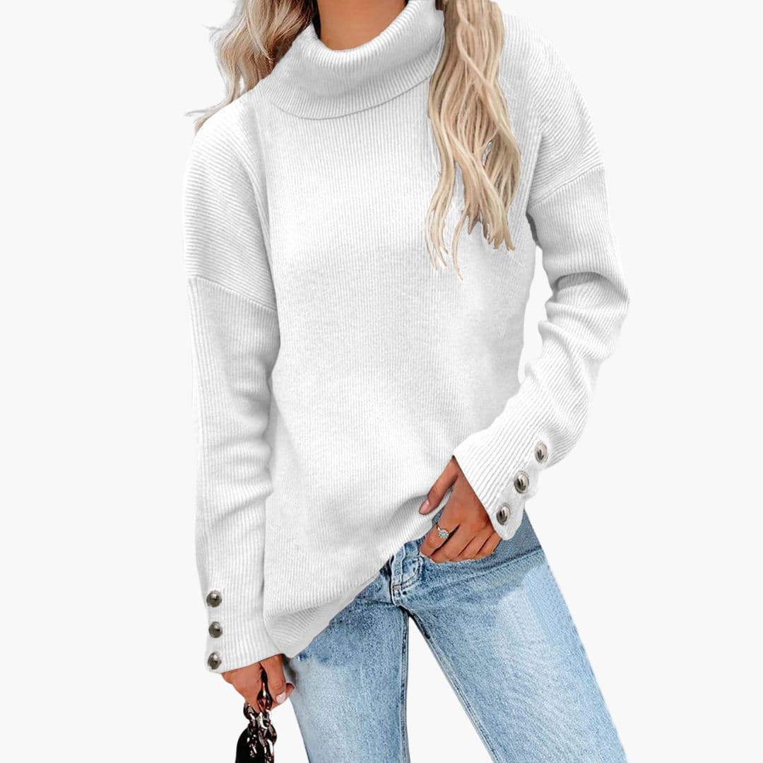 Women's ribbed knit turtleneck sweater with decorative button cuffs, cozy everyday style