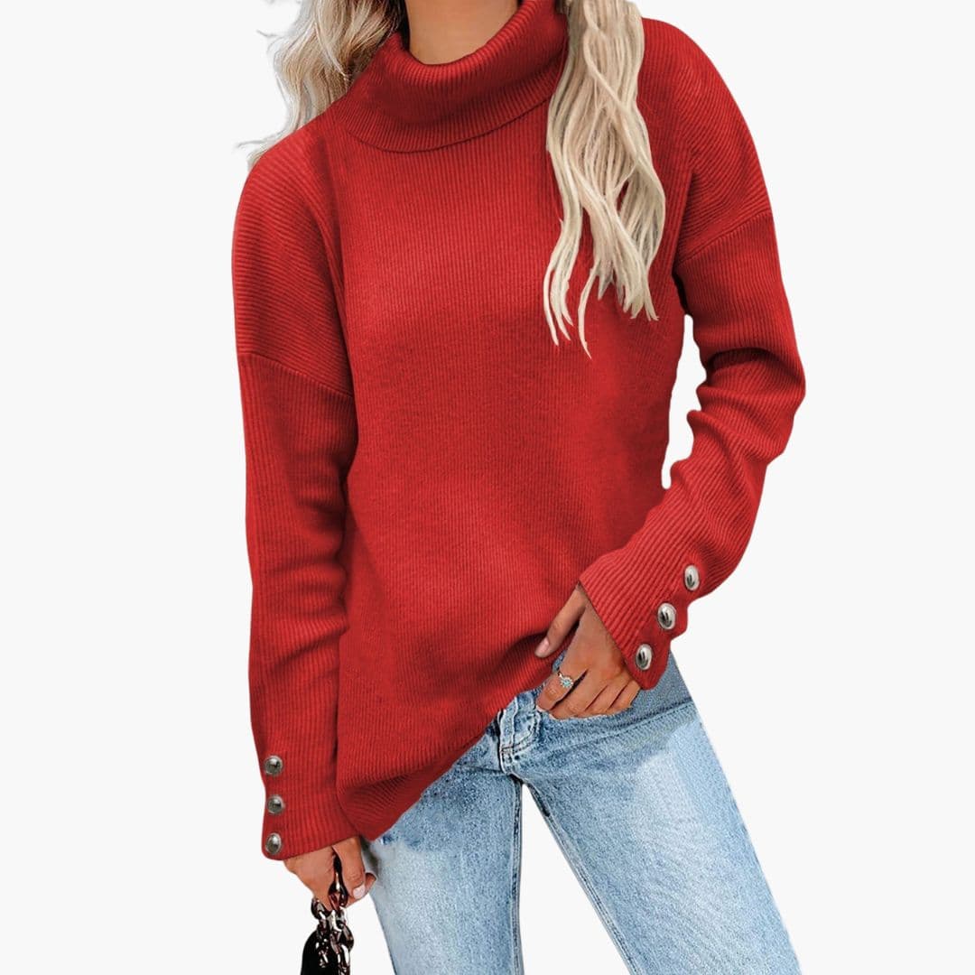 Women's ribbed knit turtleneck sweater with decorative button cuffs, cozy everyday layering style