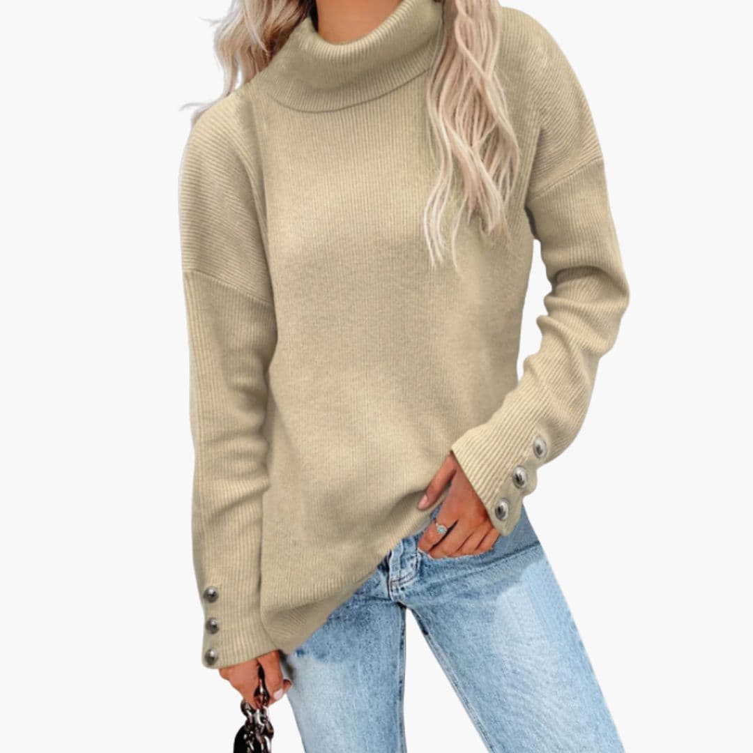 Women's ribbed knit turtleneck sweater with decorative button cuffs, cozy everyday layering style