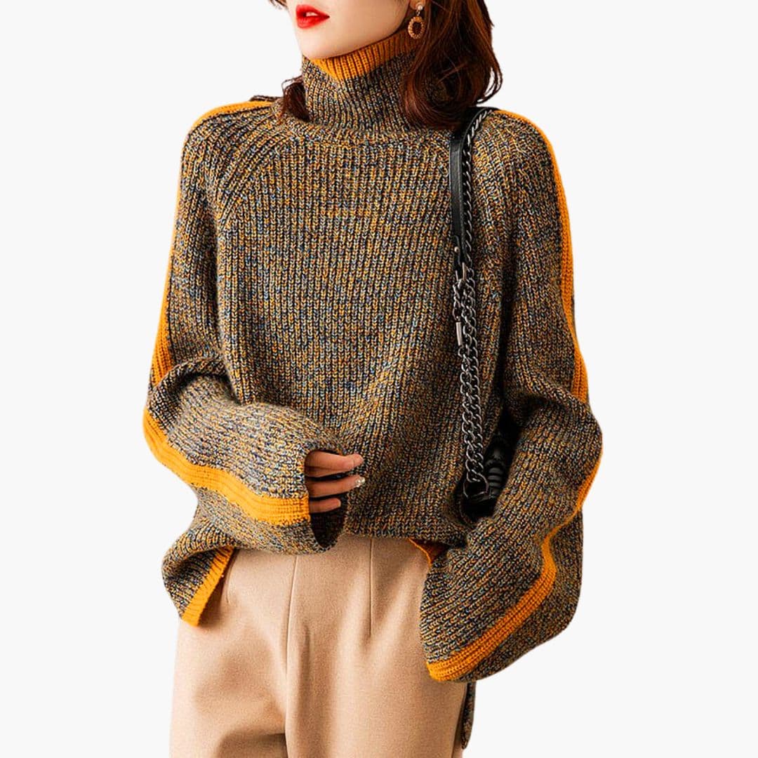 Women's ribbed knit turtleneck pullover sweater with long sleeves, side slits, and contrasting trim