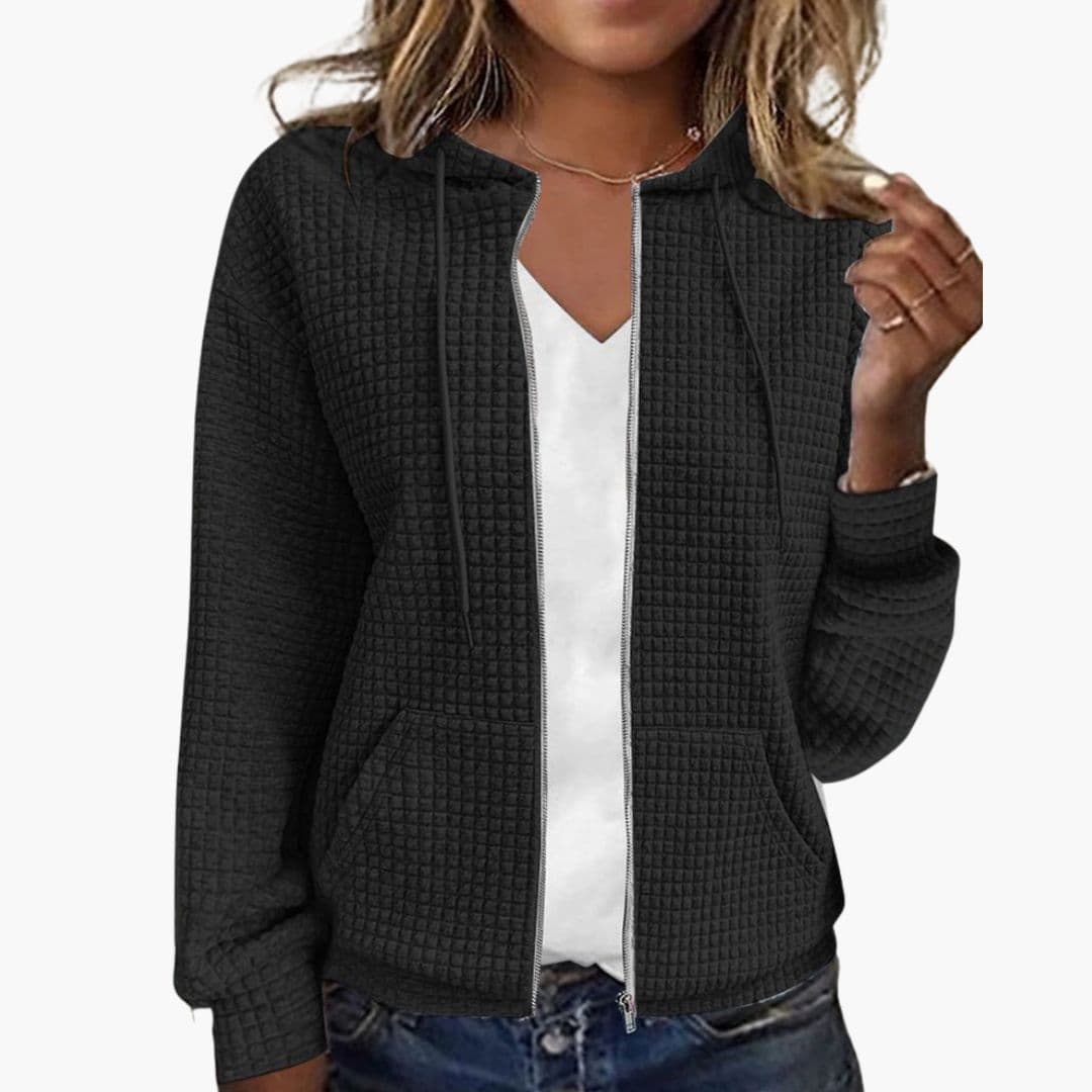 Women's waffle knit zip-up hoodie with drawstring hood and patch pockets casual cozy outerwear