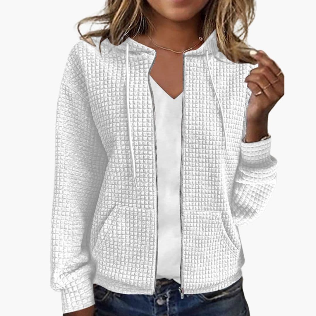 Women's waffle knit zip-up hoodie with drawstring hood and patch pockets, cozy casual outerwear