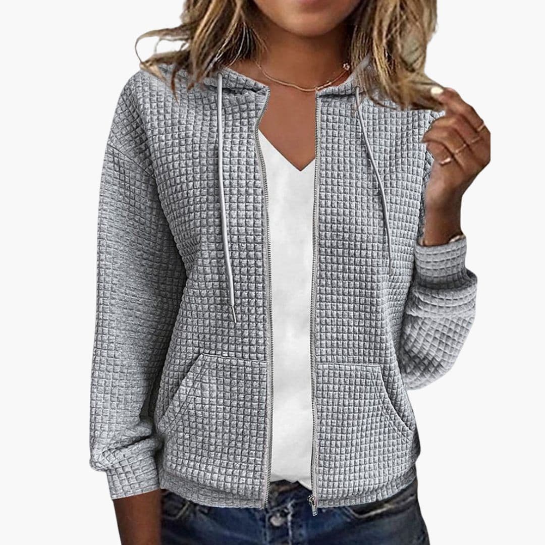 Women's waffle knit zip-up hoodie with drawstring hood, patch pockets, cozy casual fit