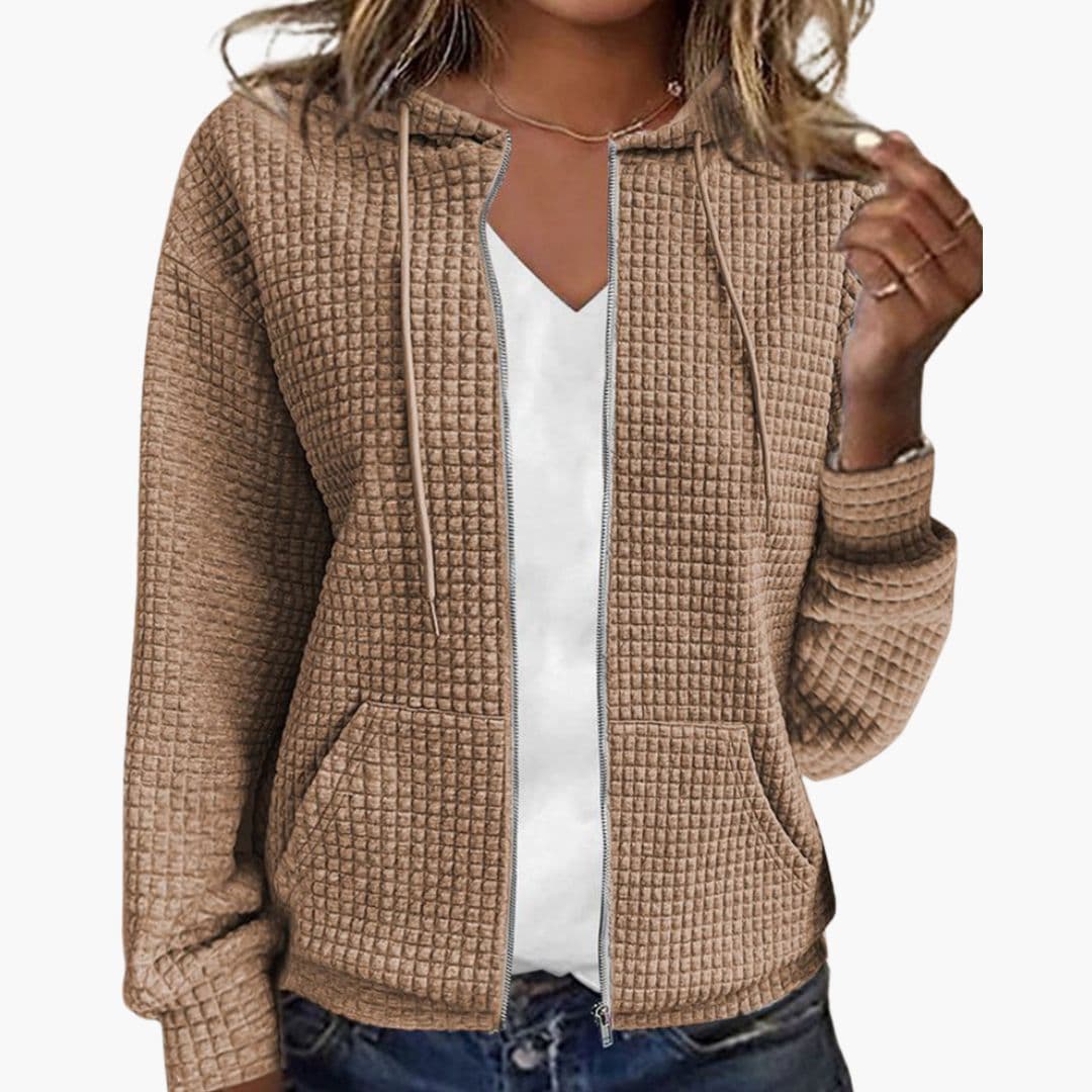 Women's waffle knit zip-up hoodie with drawstring hood and patch pockets, cozy casual fit