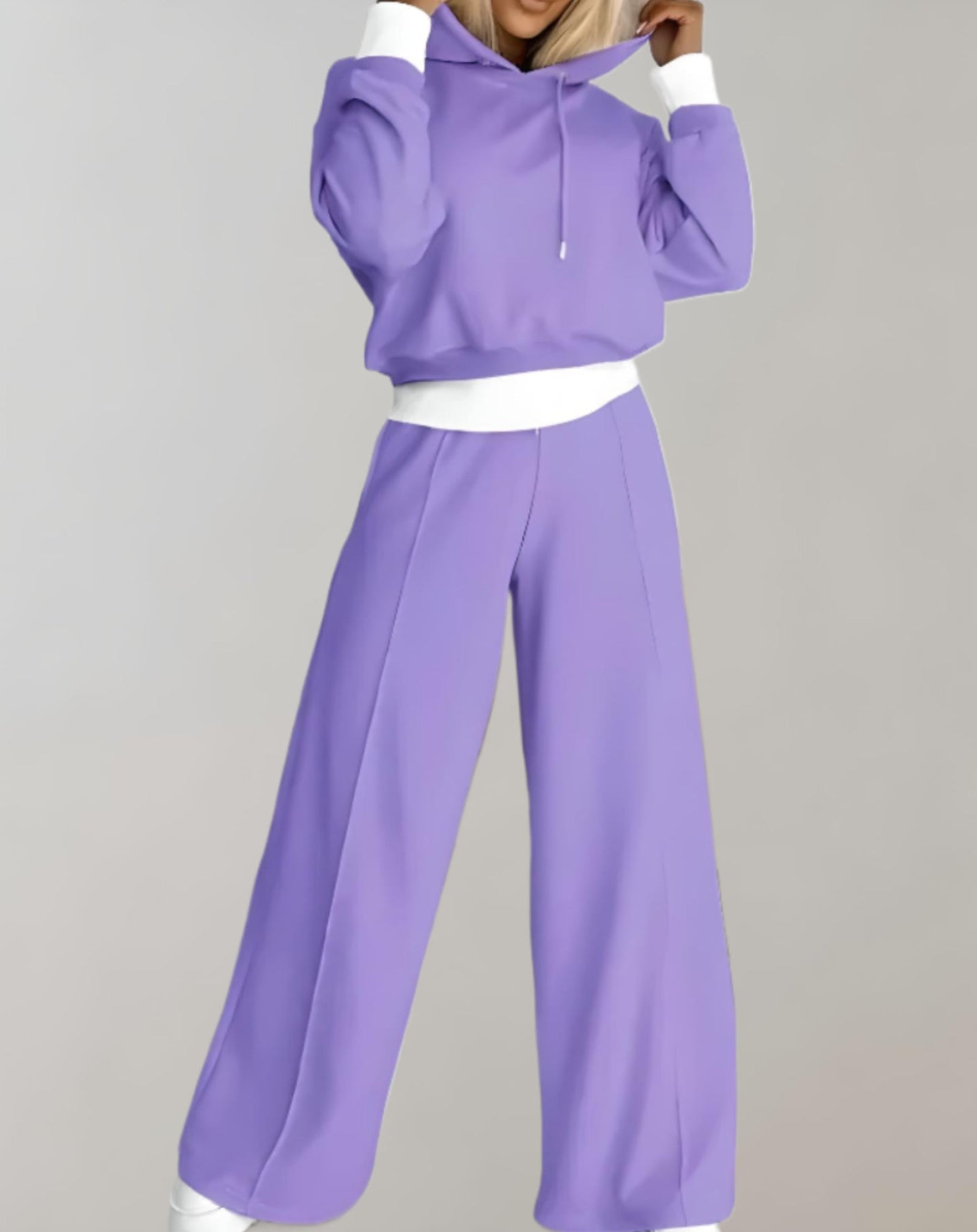 2-Piece Hoodie Tracksuit Set with Wide-Leg Trousers for Women