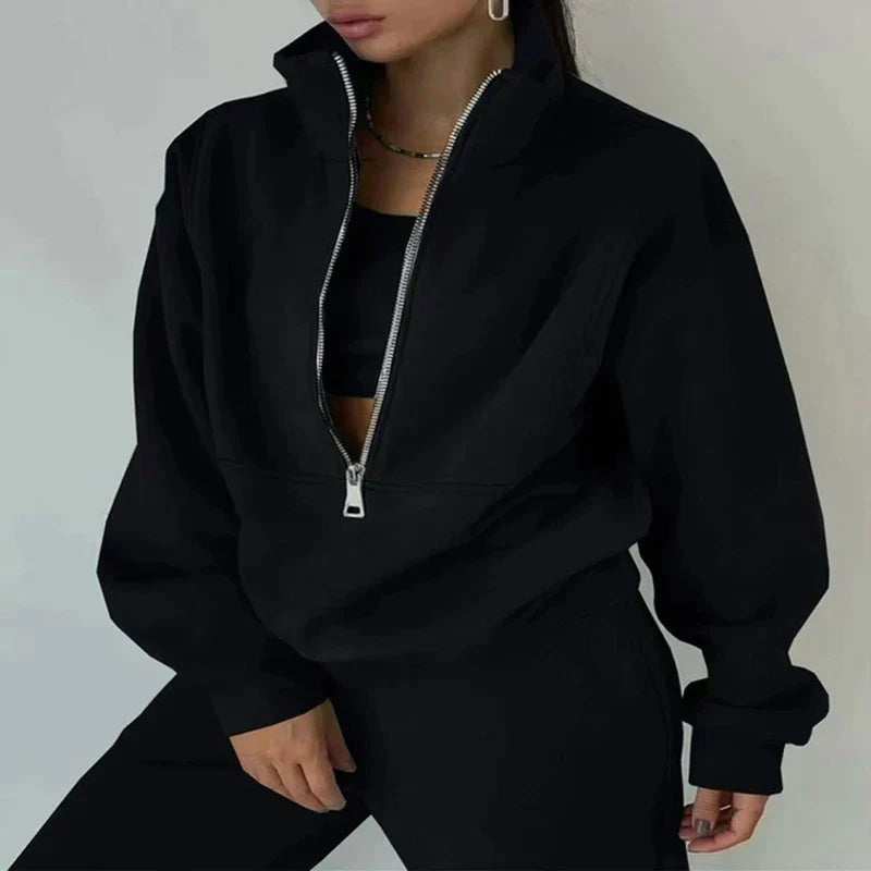 Women ultra-soft 2-piece tracksuit set with half-zip crop top and high-waist joggers