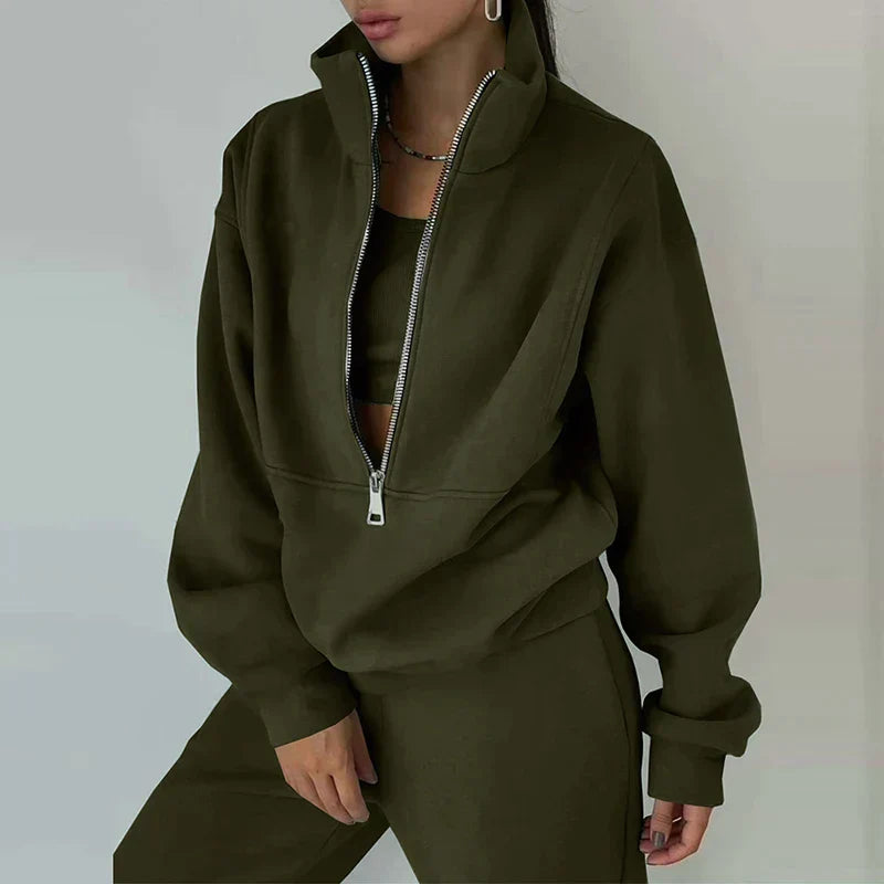 Women ultra-soft 2-piece tracksuit set half-zip crop top high waist joggers loungewear