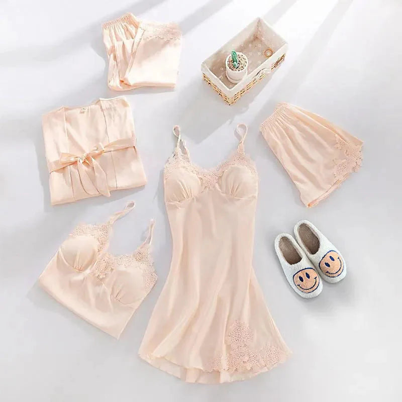 Women's 5-piece satin pajama set with delicate lace trim, silk-feel chiffon, romantic sleepwear