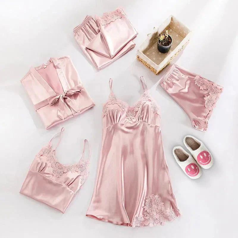 Women's 5-piece satin pajama set with delicate lace trim, silky chiffon fabric, romantic sleepwear style