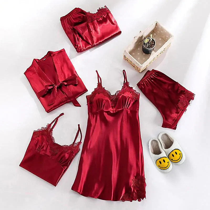 Women's 5-piece satin pajama set soft pink lace-trim silk-feel sleepwear breathable chiffon romantic style