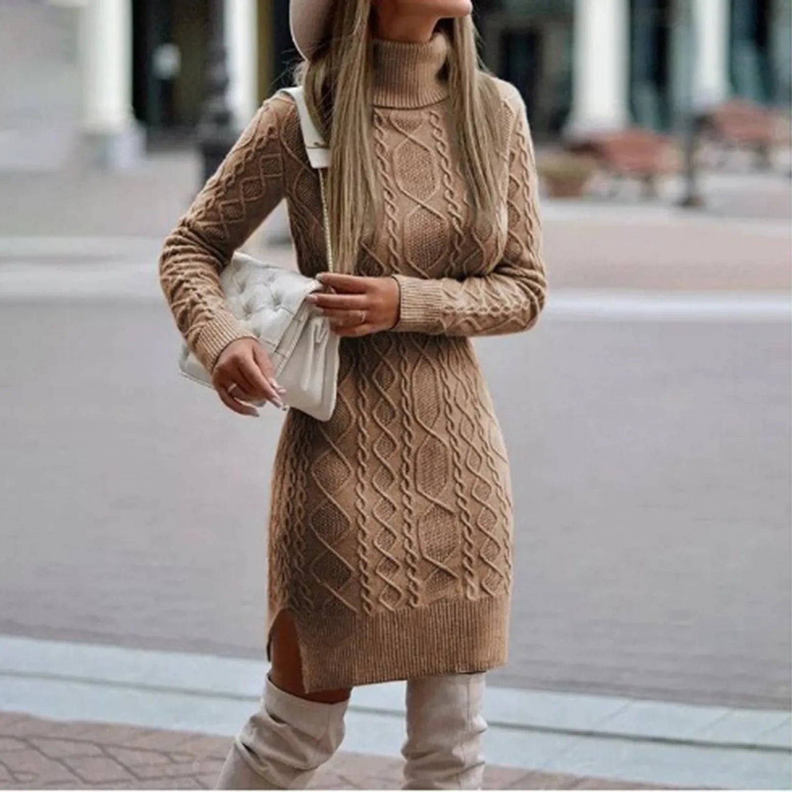 Women's cable knit sweater dress A-line silhouette high neck cozy holiday style elegant everyday