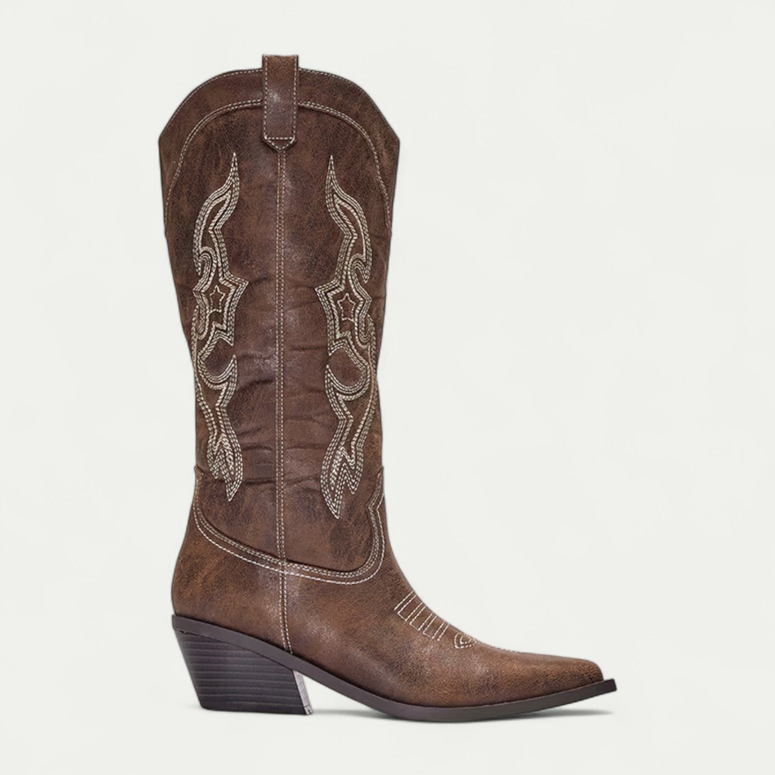 Women's distressed knee-high western cowboy boots with contrast embroidery, pointed toe, angled wedge heel