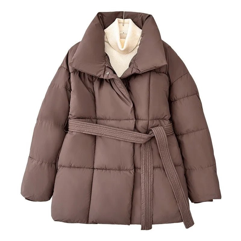 Women's black belted puffer coat with cinched waist, cozy padded insulation, winter style