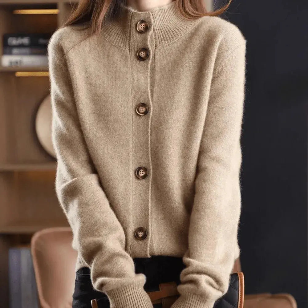 Women's soft knit button-up cardigan relaxed silhouette classic front closure layering essential