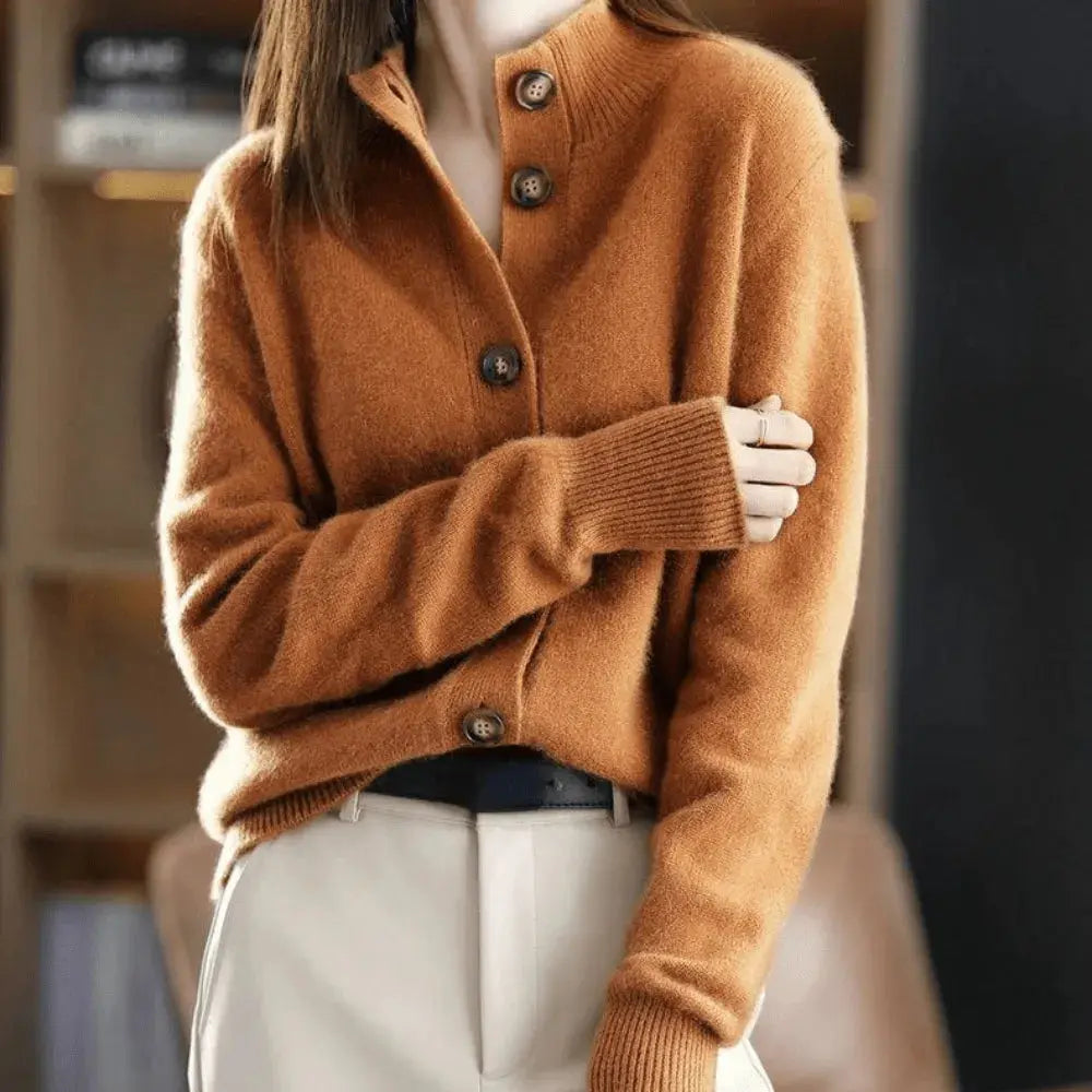 Women's soft knit button-up cardigan relaxed silhouette classic front closures for versatile layering