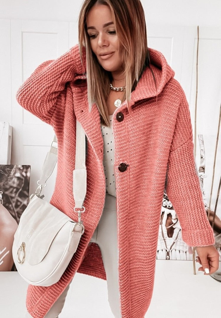 Warm beige oversized hooded cardigan soft chunky knit large buttons relaxed fit women
