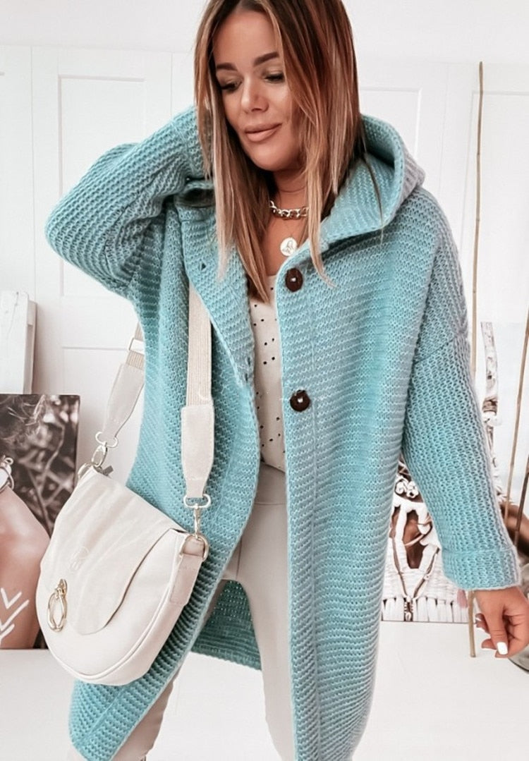 Women's beige oversized hooded cardigan soft chunky knit texture large buttons relaxed fit