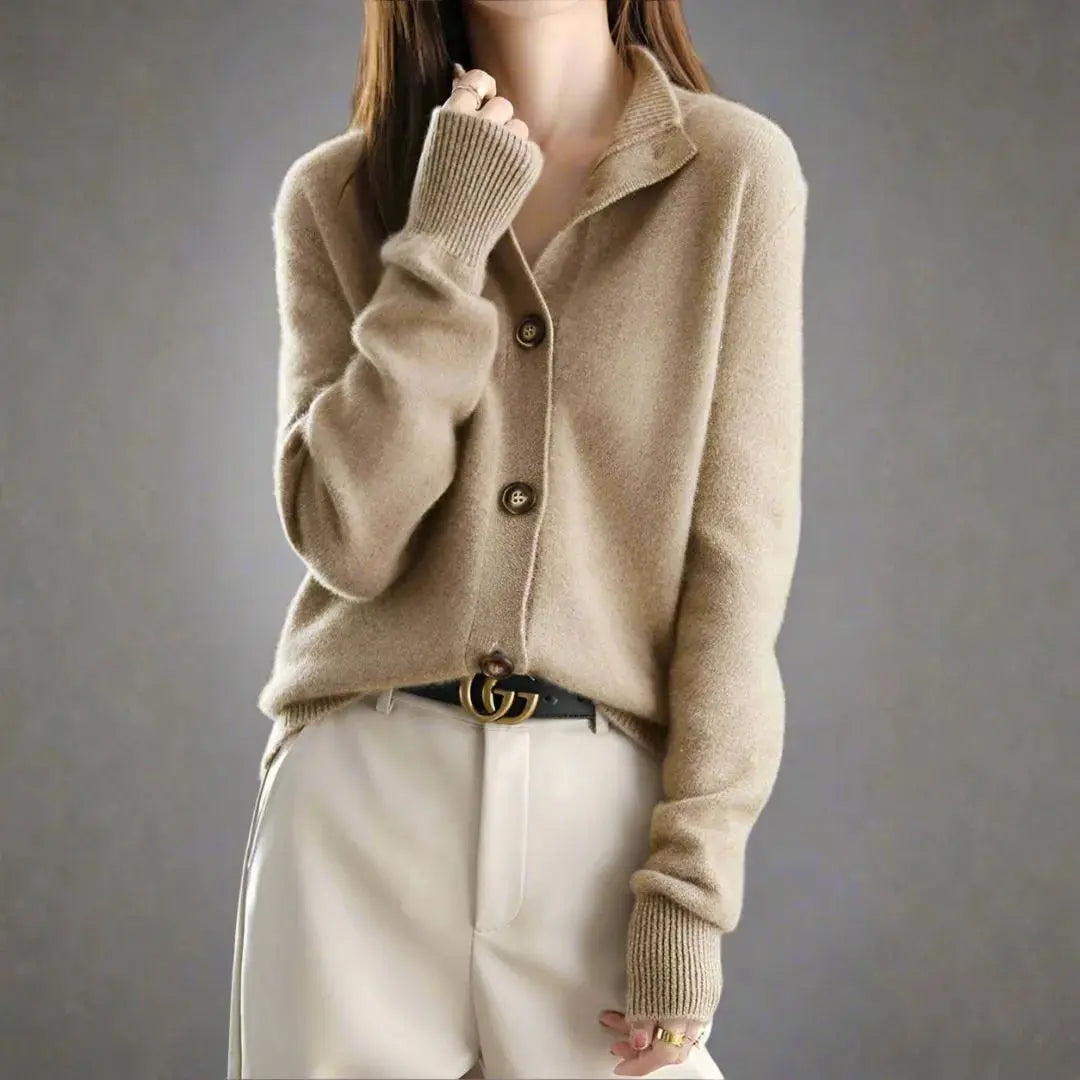 Women's ivory cashmere-blend button cardigan with bold statement buttons, soft plush knit everyday luxury