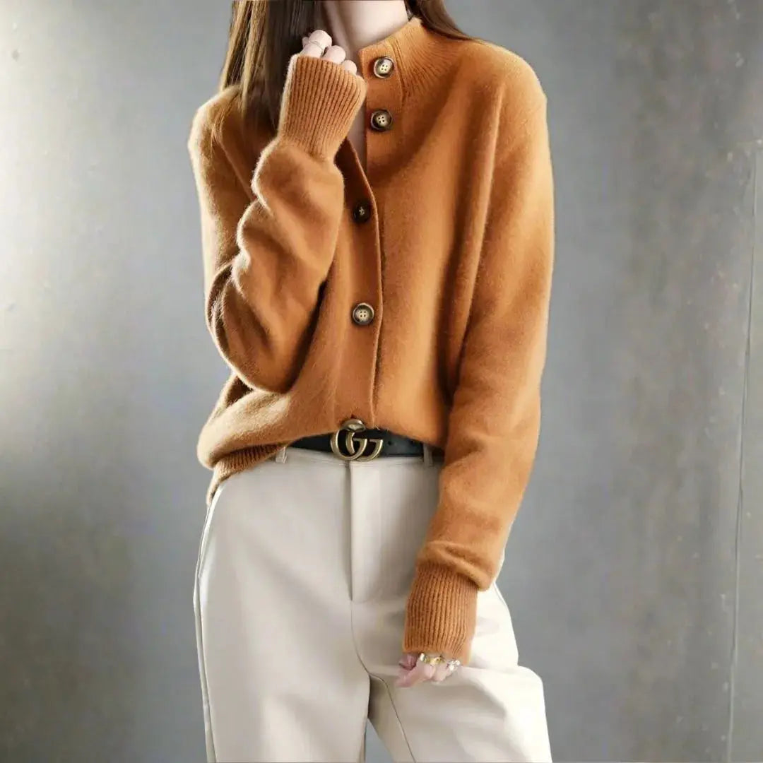 Women's ivory cashmere-blend button cardigan with bold statement buttons, soft plush knit everyday luxury