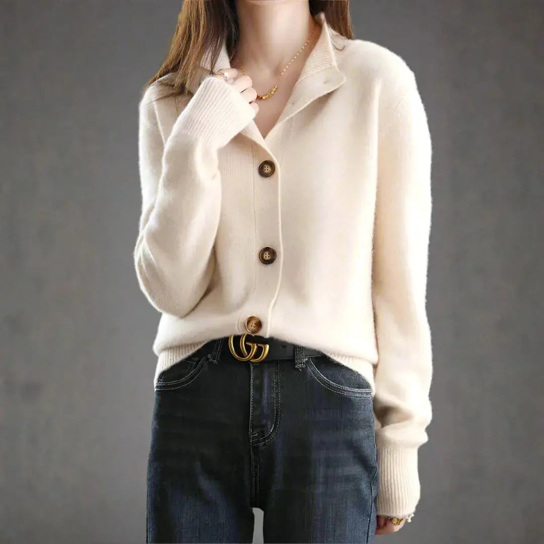 Women's camel cashmere-blend button cardigan with bold statement buttons, soft plush knit everyday luxury