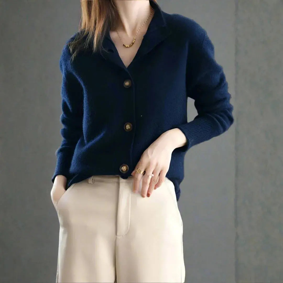 Women's ivory cashmere-blend button cardigan with bold statement buttons, soft plush knit everyday luxury