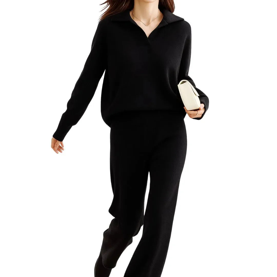 Women's cashmere-blend polo knit sweater and high-waisted harem pants lounge set, relaxed fit