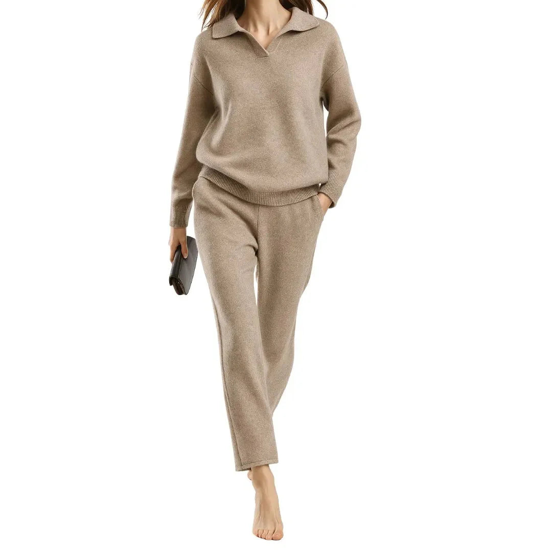 Women's camel cashmere-blend polo knit sweater and high-waisted harem pants cozy lounge set