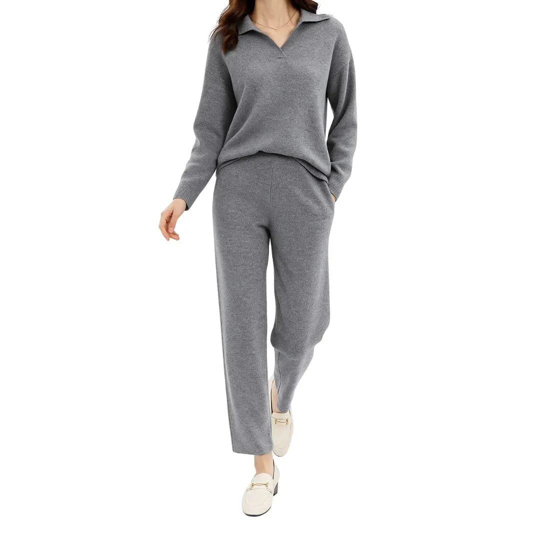 Women's ivory cashmere-blend polo knit sweater and high-waisted harem pants cozy lounge set