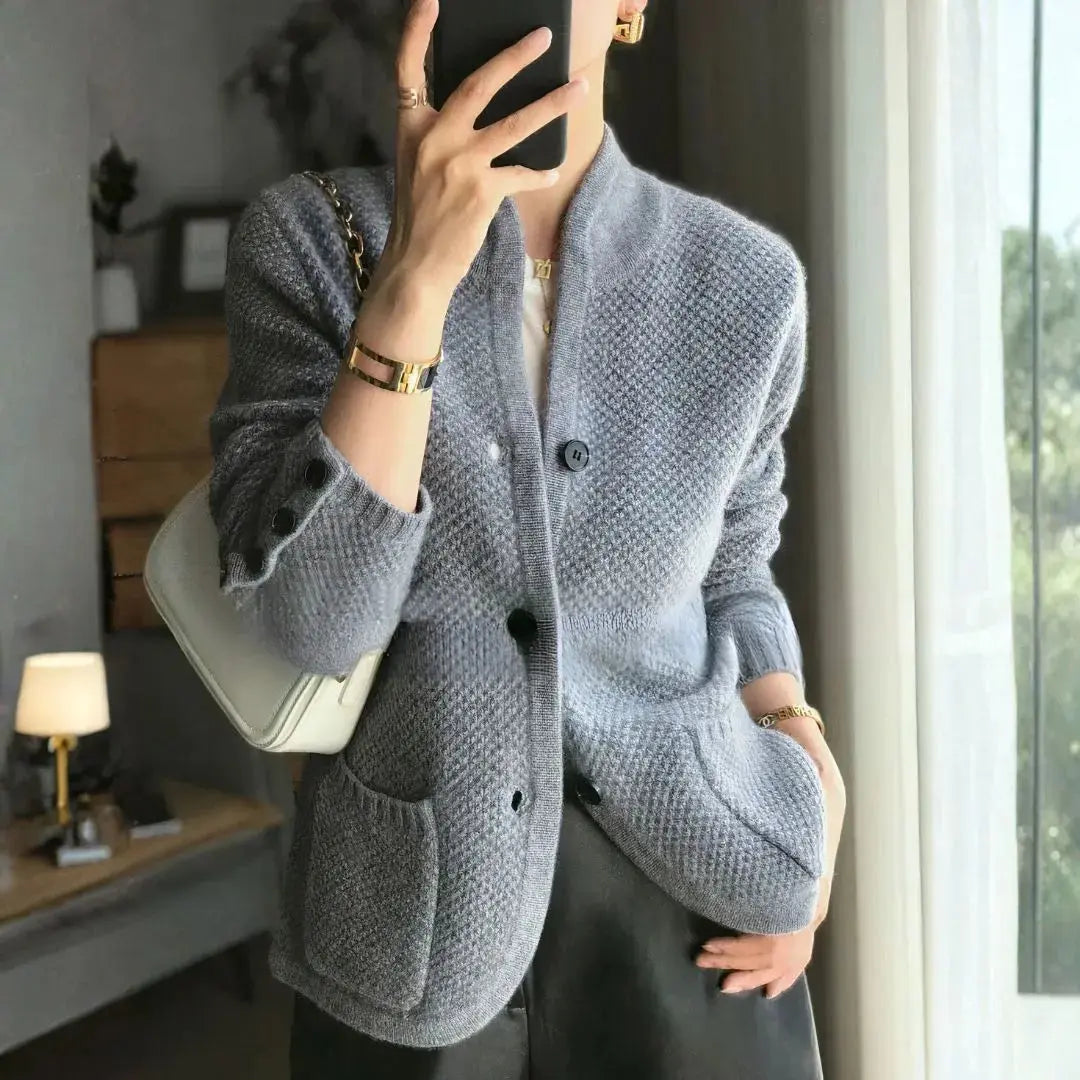 Women's 100% cashmere button cardigan, textured knit front, functional pockets, timeless everyday layer