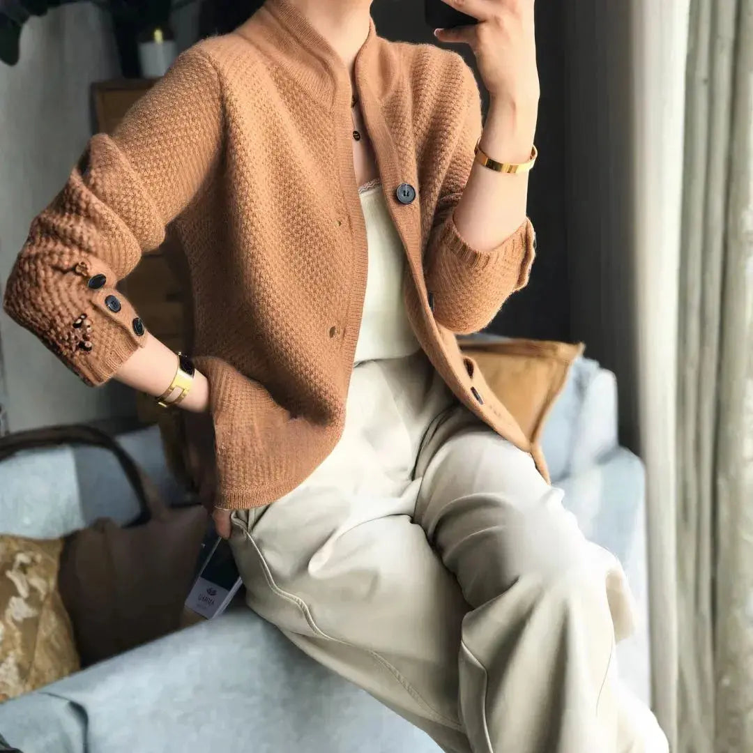 Women's 100% cashmere button cardigan, textured knit, functional pockets, timeless everyday luxury layer