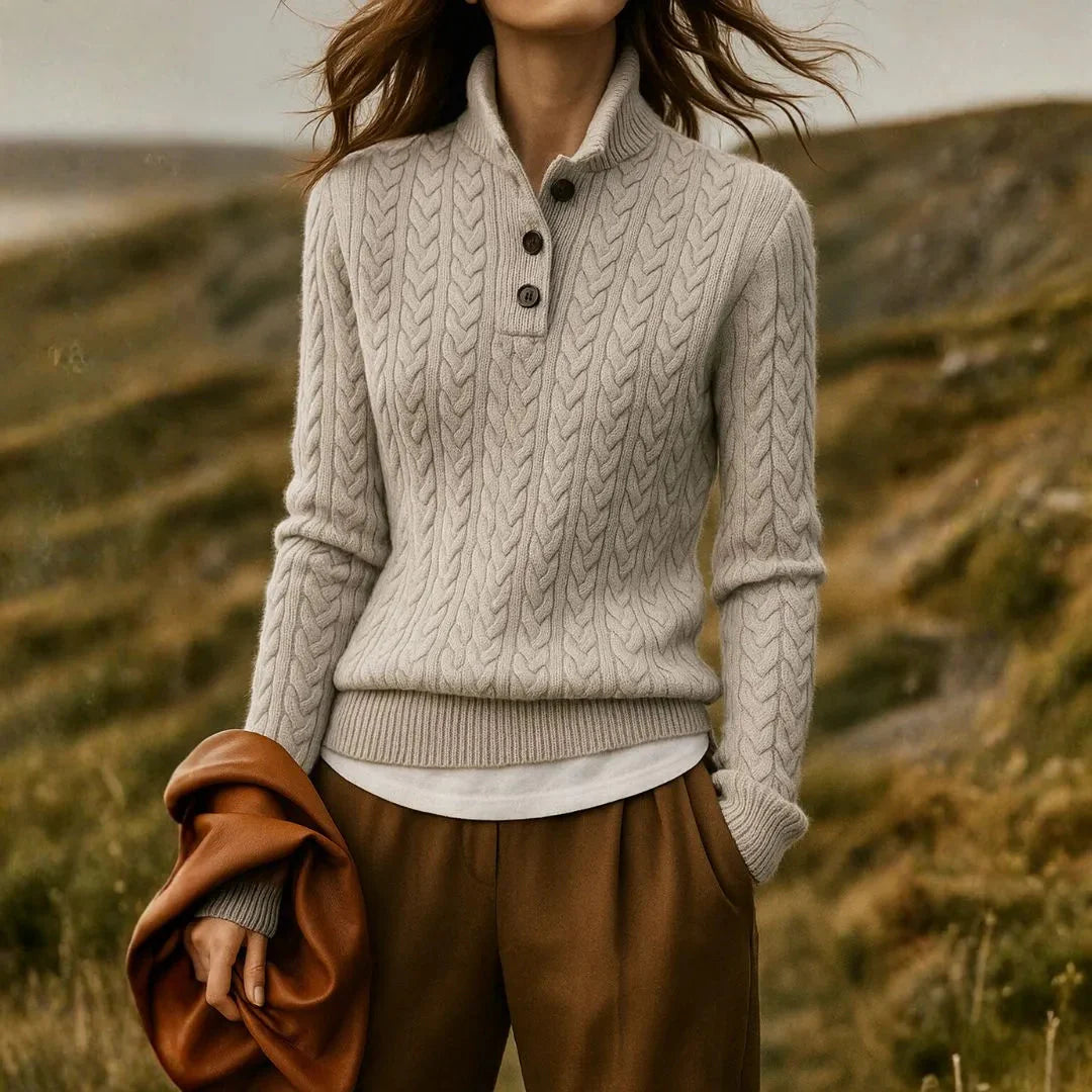 Women's cashmere cable knit stand collar sweater with button-up design, ultra-soft luxurious blend