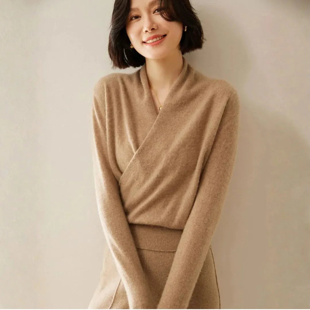 Women's premium cashmere crossover collar sweater soft luxury knit refined everyday warmth