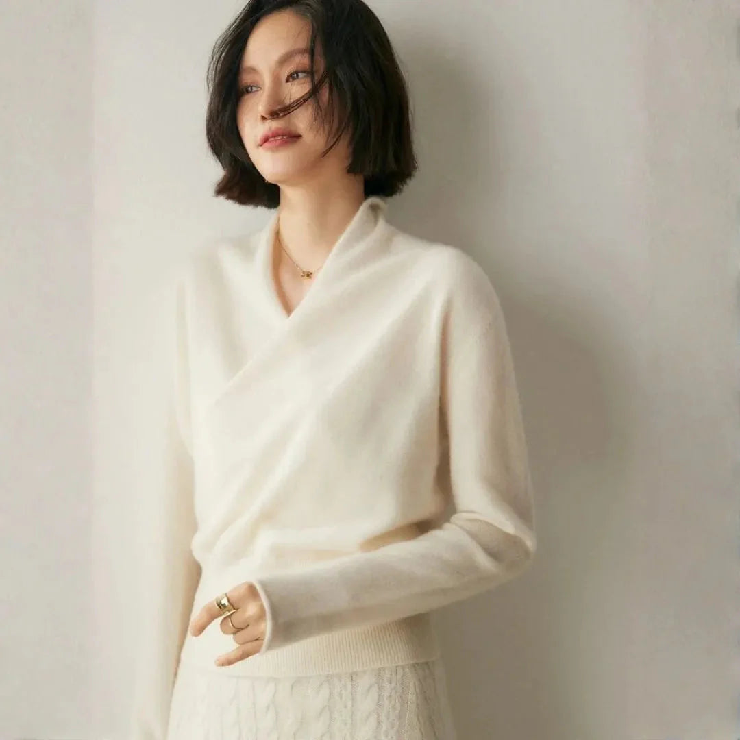 Women's premium cashmere crossover collar sweater soft luxury knit refined everyday style