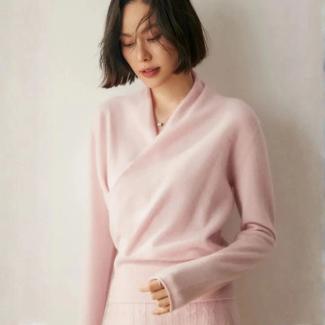 Women's premium cashmere crossover collar sweater, soft luxury knit for all-day warmth and style