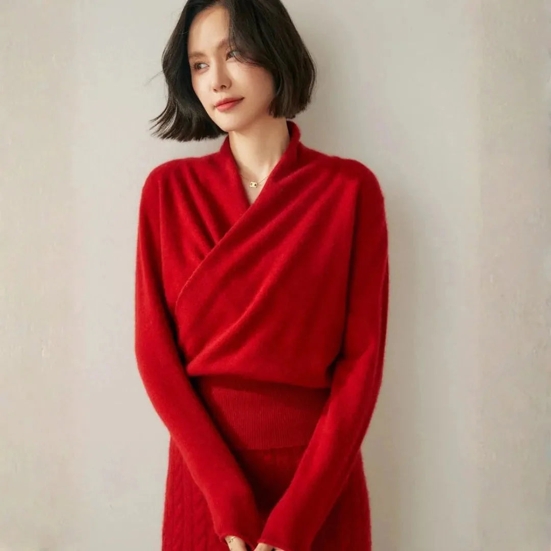 Women's cashmere crossover sweater with elegant crossover collar, soft premium knit for all-day warmth
