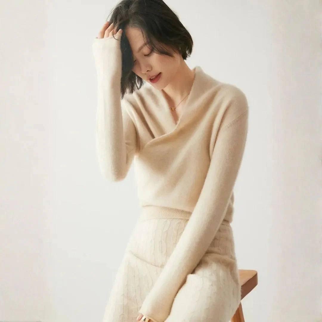 Women's premium cashmere crossover collar sweater, soft luxury knit for effortless everyday elegance