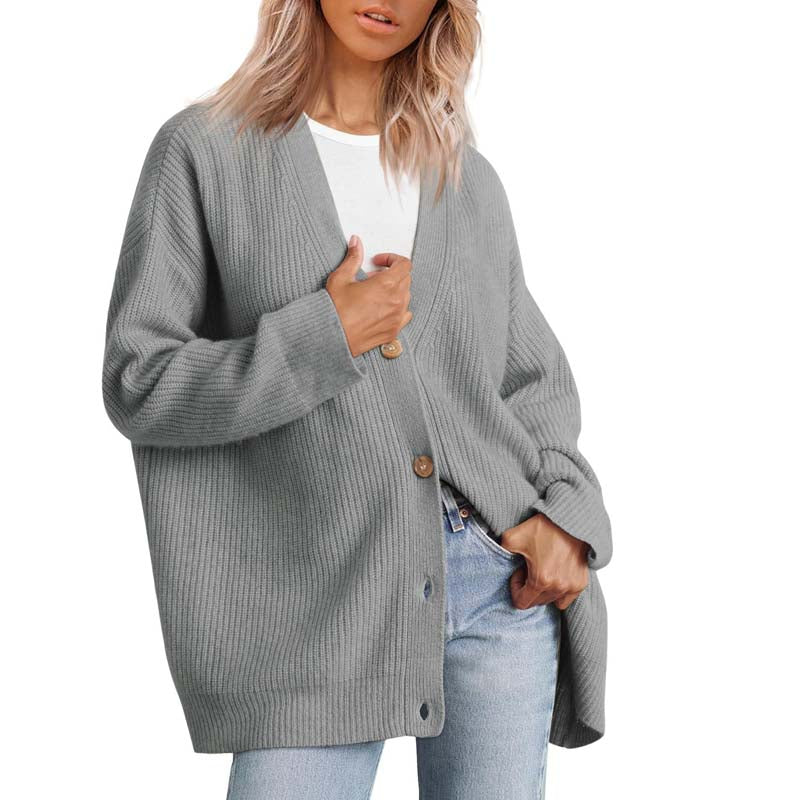 Women's oversized ribbed knit cardigan button-front long sleeve casual layering piece in neutral tone