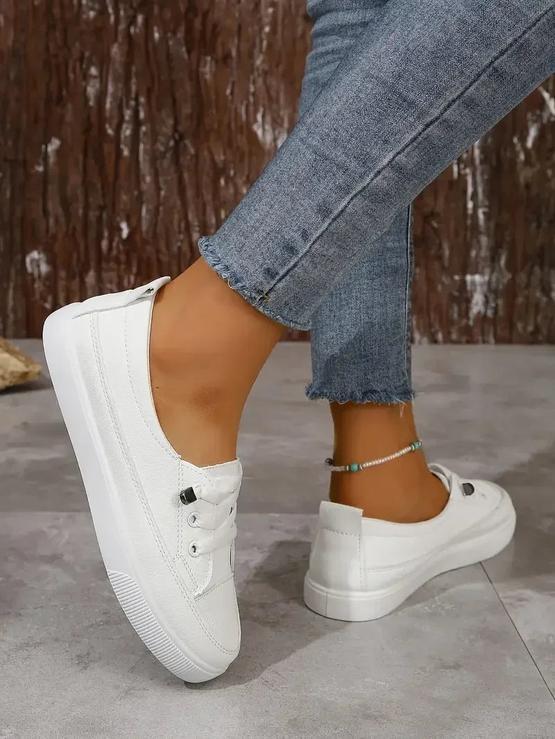 Women white low-top lace-up sneakers with cushioned insole and flexible sole for all-day comfort