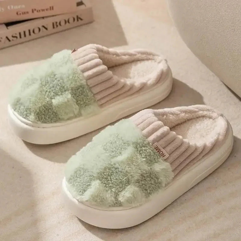 Women's plush checkered slip-on slippers with cushioned sole and cozy rib-knit collar