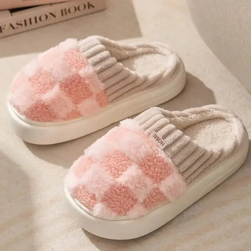 Women's plush checkered slip-on slippers with cushioned insole, rib-knit collar, and non-slip sole