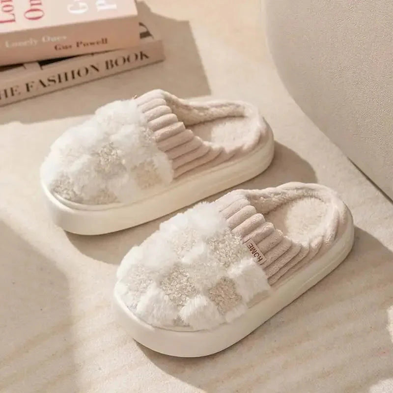 Women's plush checkered slip-on slippers with cushioned insole, cozy rib-knit collar, and non-slip sole