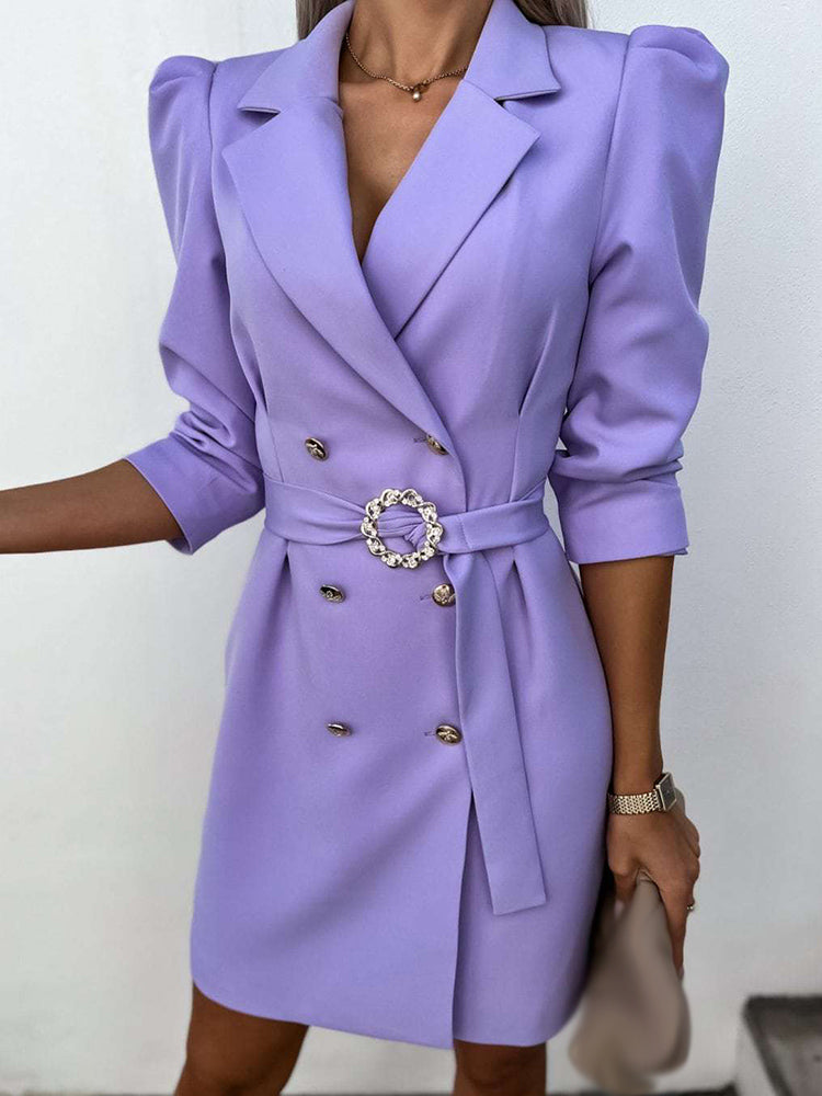 Women's tailored blazer mini dress notch lapel belted waist elegant structured professional look