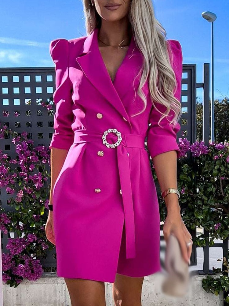 Women's tailored blazer mini dress notch lapel belted waist structured formal elegant look