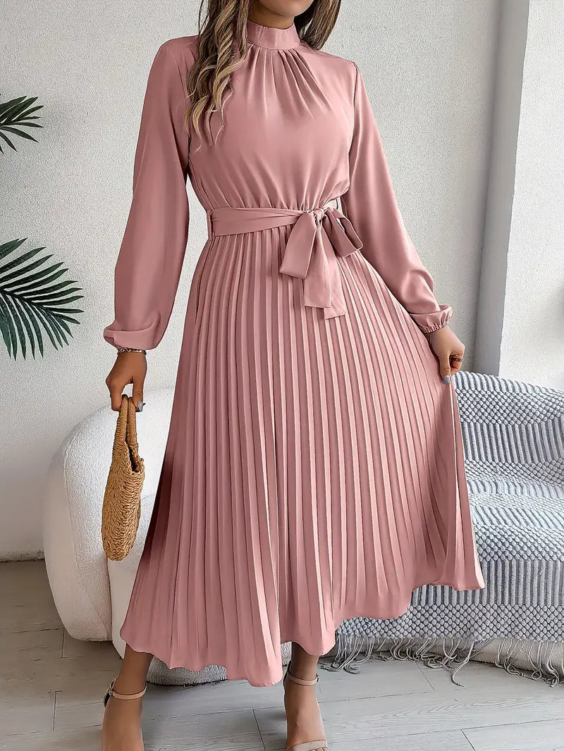Light blue pleated midi dress with belted waist, high neckline and long sleeves for elegant eventwear