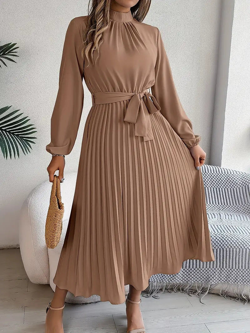 Light blue pleated midi dress with belted waist, high neckline and long sleeves for elegant eventwear