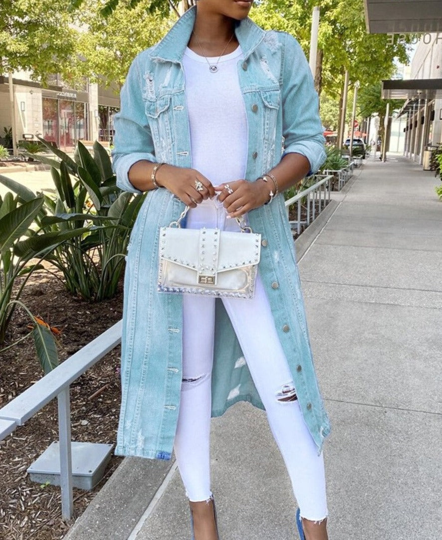 Women's oversized mid-length denim-look jacket with button closure, casual relaxed fit for everyday wear