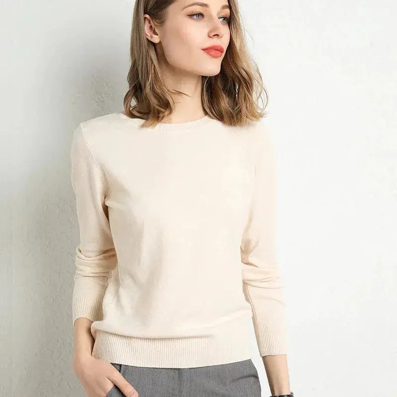 Women's ultra-soft cashmere crew neck sweater with ribbed trim, timeless luxury knit essential