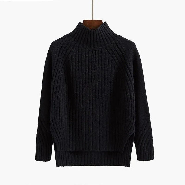 Women's ribbed knit turtleneck sweater cozy long sleeve winter style with textured pattern